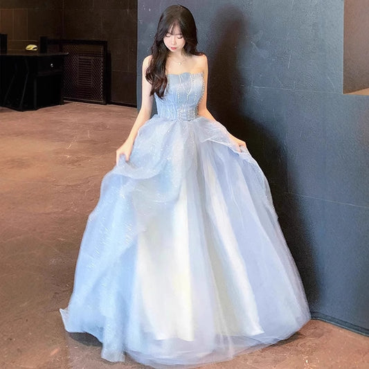 Blue Strapless Dress Puff Skirt Runaway Princess Fairy Dress Light Luxury High-end Evening Dress Host Slim Fit Elegant