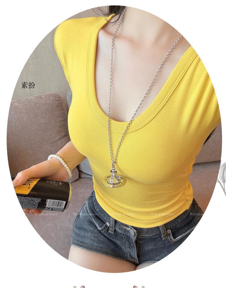 White u Pure Desire Slim Fit Tight Shoulder Short Sleeve t Women's Summer Shirt with Chest Pads Lace Hollow Out Hot Girl Short Top Black