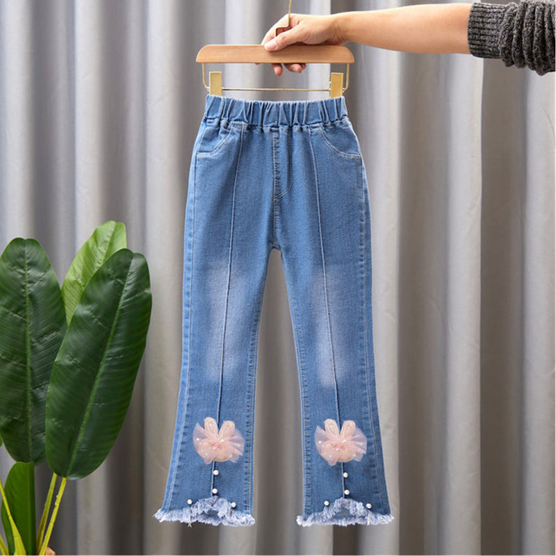 Children's Clothing Wholesale Girls' Jeans Spring and Autumn New Style Medium and Large Children's Slim Pants Baby Casual Girls' Flared Long Pants