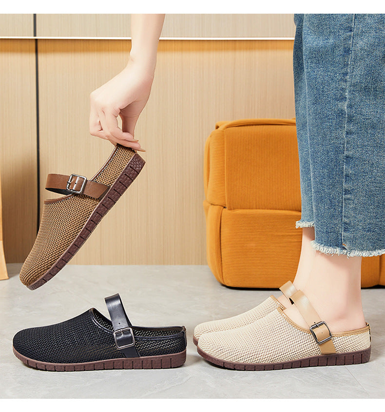 Shoes Women's Casual New Style Versatile Soft Sole Sandals insF French Style Women's Outdoor Slippers Flyknit Mesh Closed Toe Half Slipper
