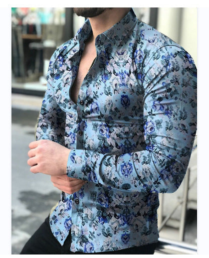 Spring and Autumn Long Sleeve Shirt Cross-Border European and American Printed Shirt Amazon Men's Casual Floral Shirt Slim Fit Shirt for Men