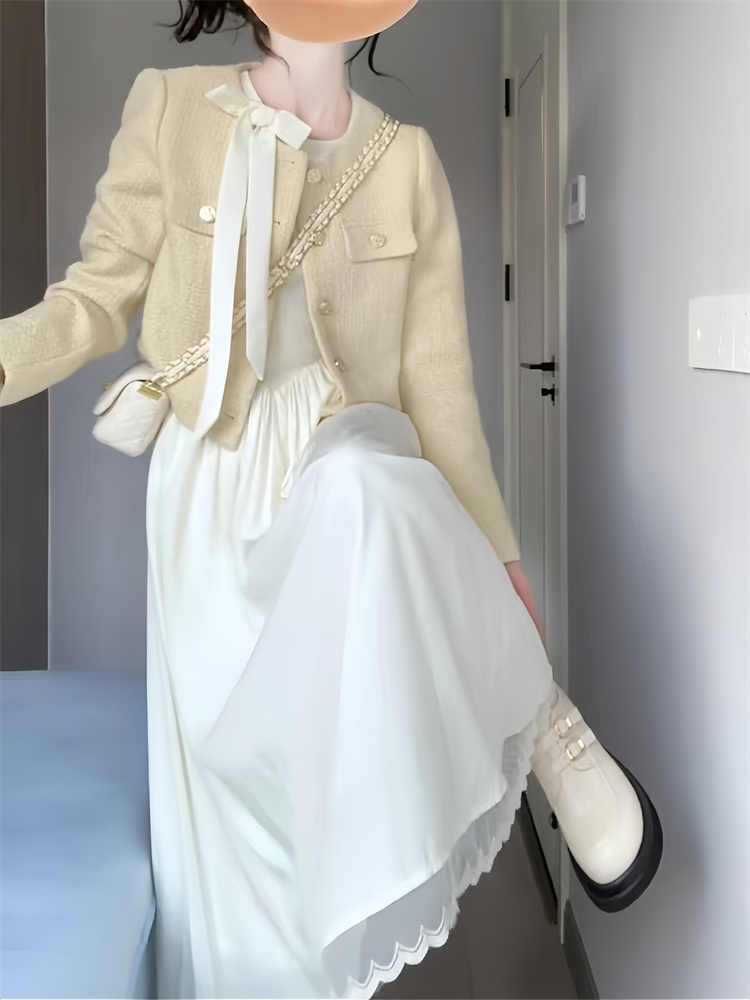 Plus Size Fat mm Little Chanel Style Set Spring and Autumn Women's Clothing2025New Design Bowknot Dress and Jacket Set