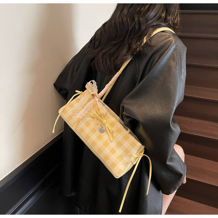 Dopamine Plaid Handbag Small Tote Bag for Women Summer2025New Ballet Style Bow Baguette Bag Underarm Bag Trendy