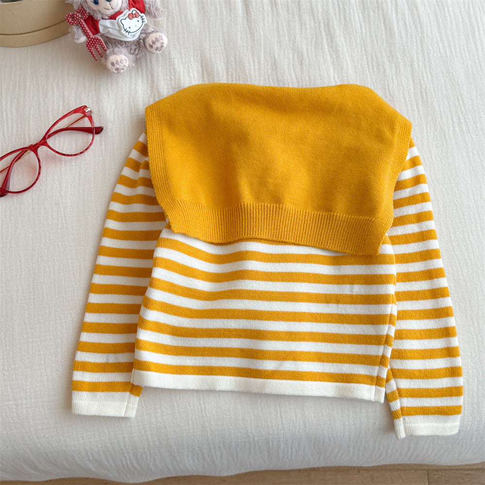 Girls' Striped Shawl Knitted Base Shirt for Outerwear, Autumn New Fashionable Color-Block Round Neck Long Sleeve T T shirt