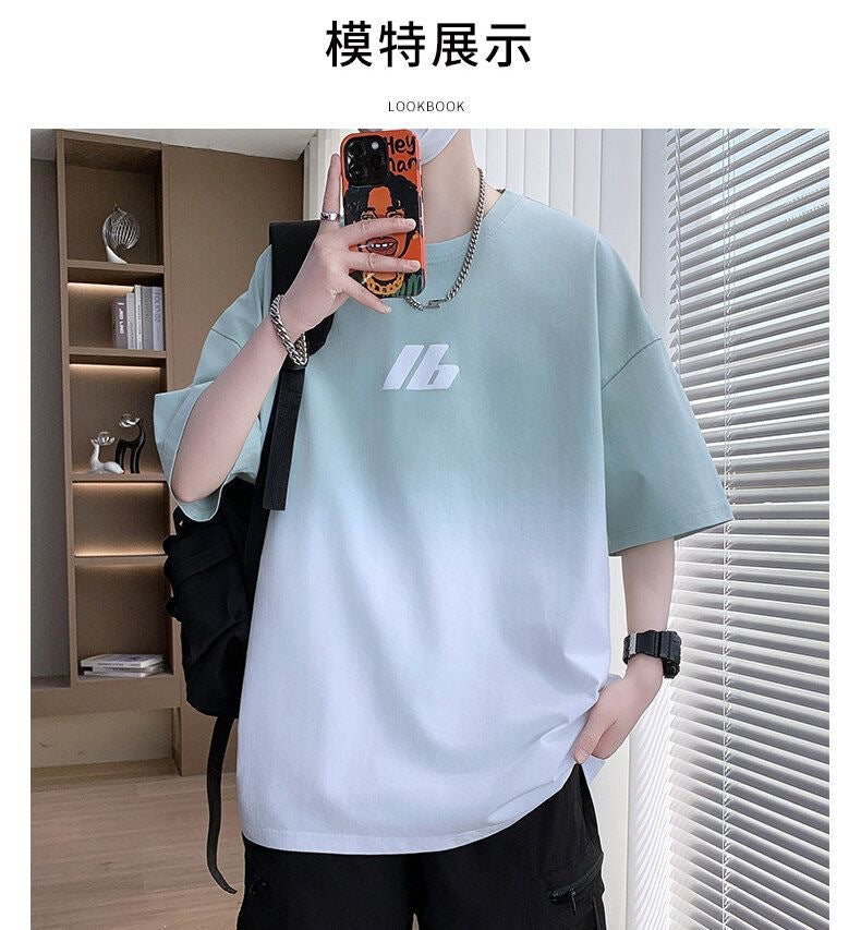 2025Summer New Men's Youth Casual Stylish Trendy Loose Short Sleeve T Shirt Gradient Color for Middle and High School Students