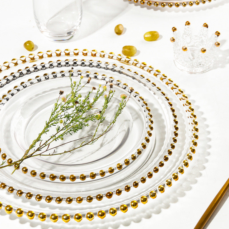 Nordic Gold-Plated Bead Plate Luxury Glass Electroplated Plate Round Pearl Western Steak Plate Silver Large Size Bead Plate