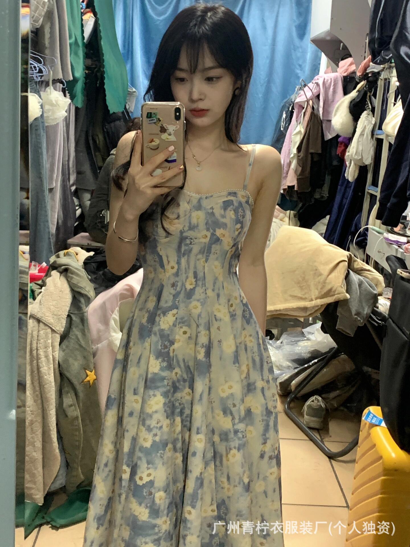 Hangzhou Four Seasons Green Women's Dress2025Summer New French Style Fairy Square Neck Waist-Cinching Sweet First Love Long Dress