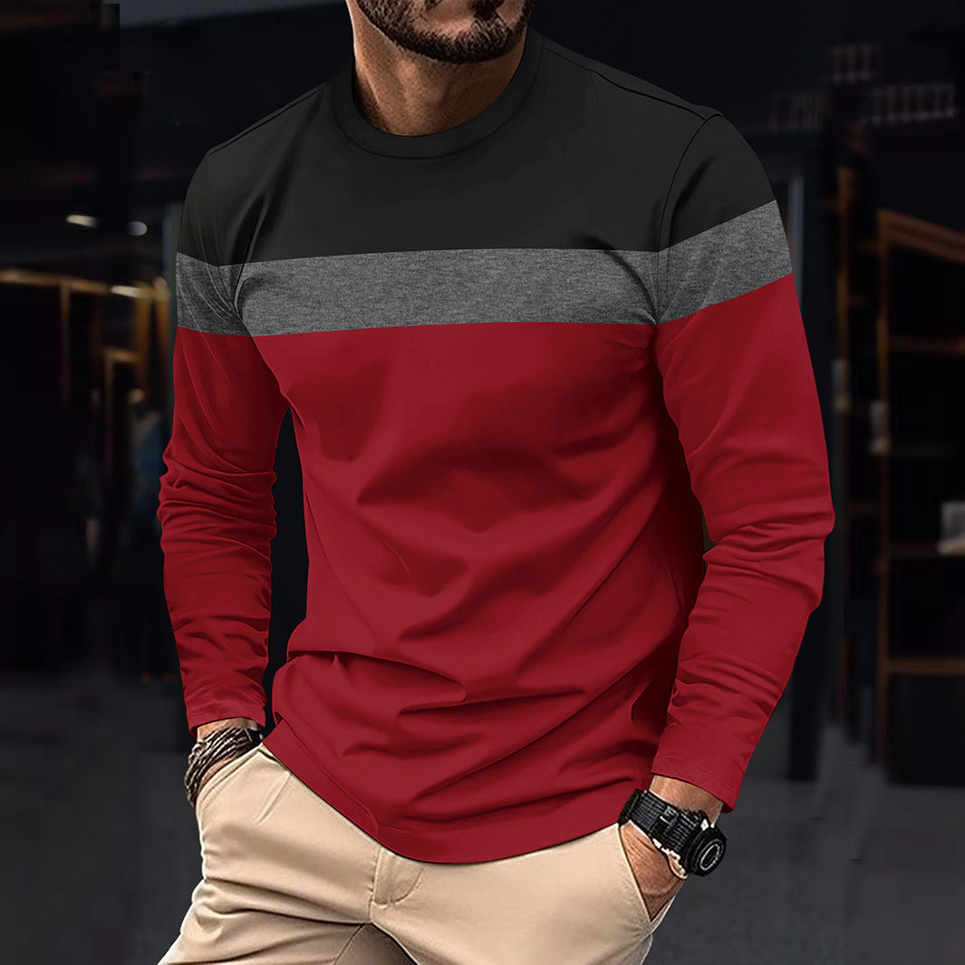 Cross-Border Trade Plus Size Autumn Winter Men's Crew Neck Long Sleeve Color Block Base Shirt Pullover Thin Long Sleeve T Men's T-shirt