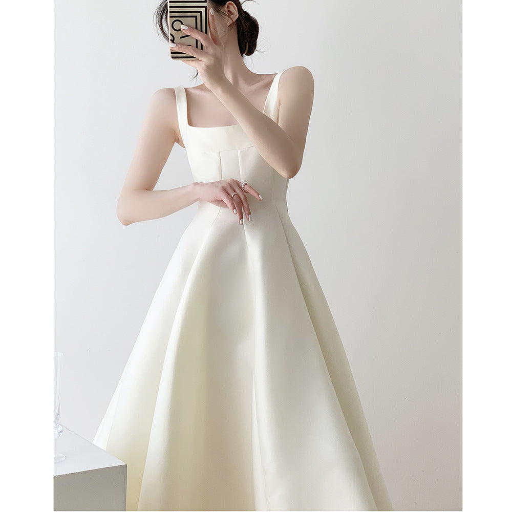 French Style Light Wedding Dress Solid Color Satin Simple Petite Host Adult Ceremony Party Banquet Evening Dress Suitable for Daily Wear