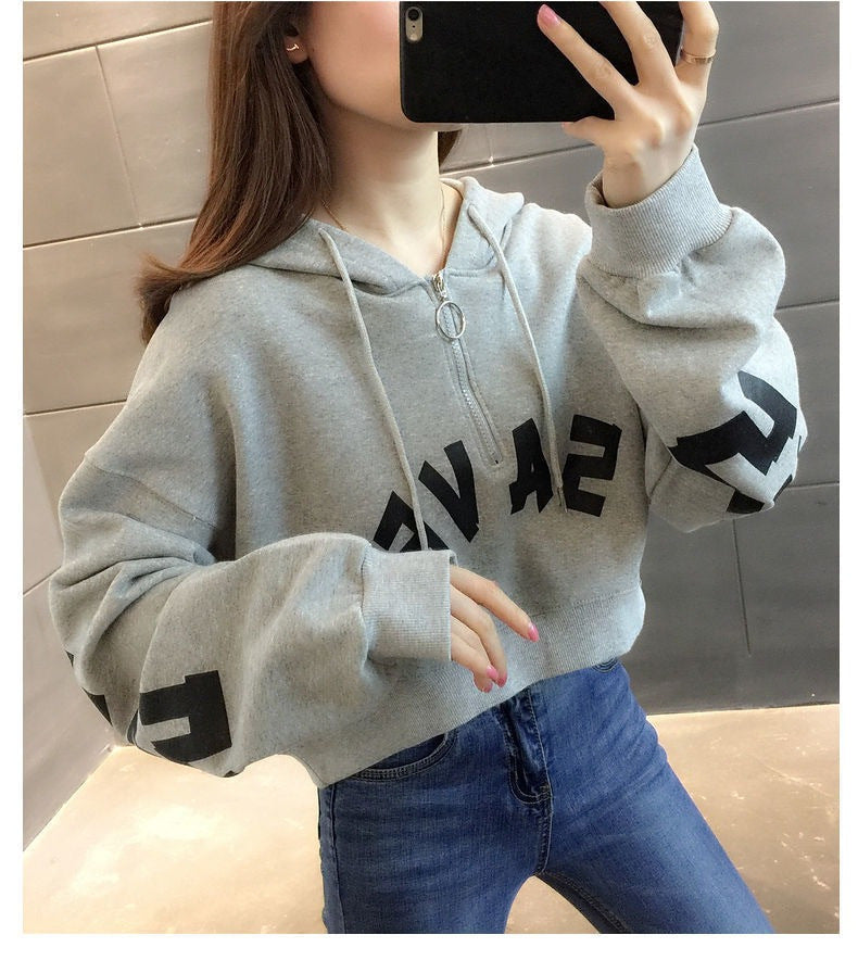 Half Zipper Hooded Short Petites Sweatshirt Women2025New Early Autumn Thin High-Waisted Stylish Streetwear Jacket Trend