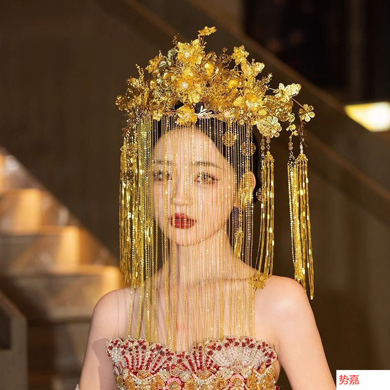 Bridal Hair Accessories Set Tiara Versatile Qing Dynasty Style Xiuhe Costume Crown Veil Hair Accessories Makeup Gold