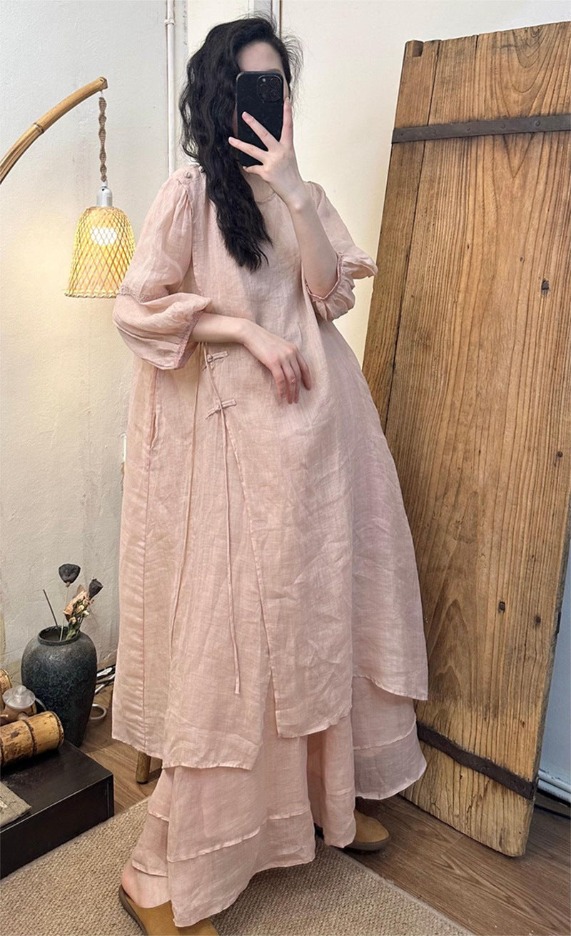 2025Summer New Retro Niche Pure Ramie Handmade Button Lace-up Light National Style Dress