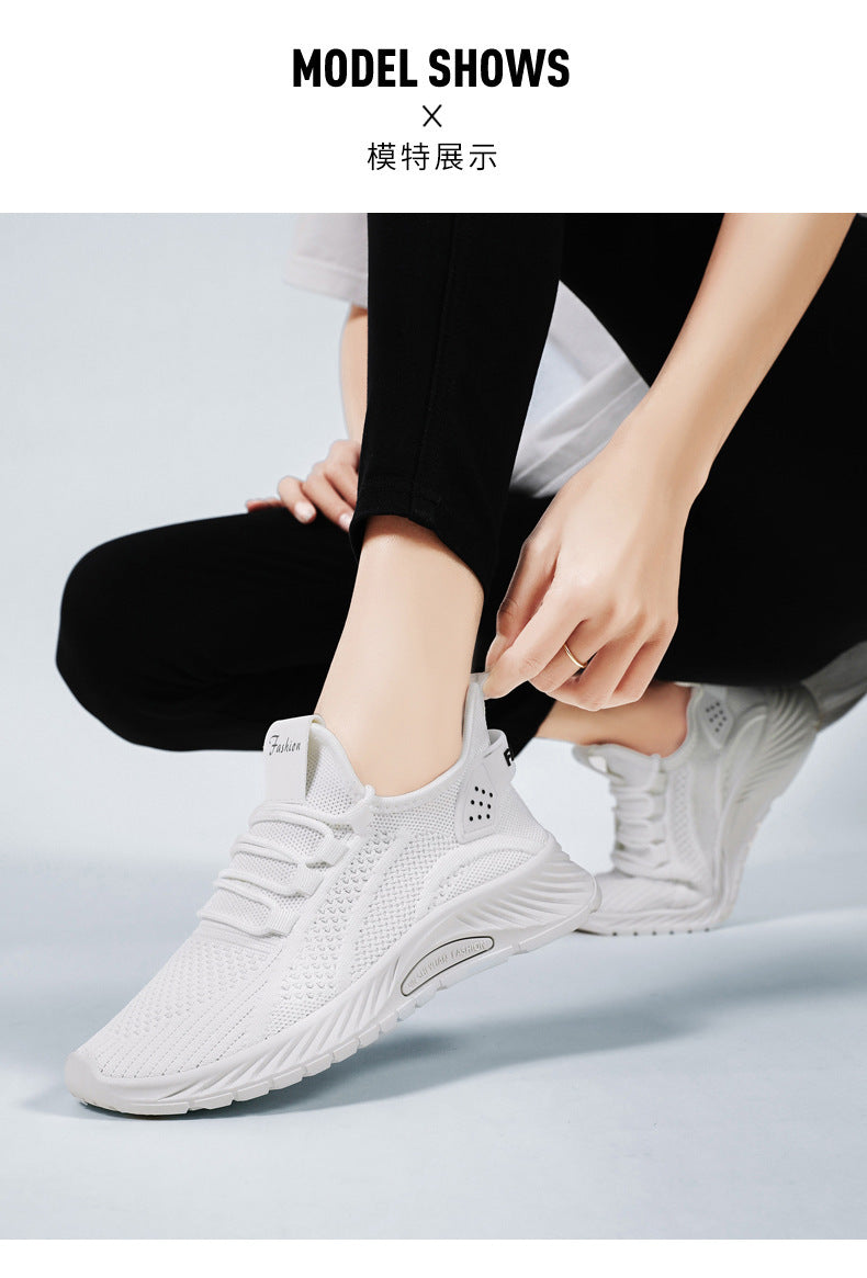 White Flyknit Soft Sole Running Shoes for Women, Summer New Versatile Lightweight Sneakers, Breathable Casual Sports Shoes