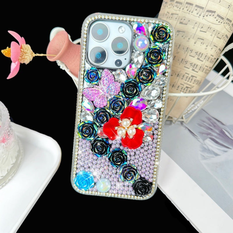 Rhinestone Rose Flower Suitable for iPhone17Pro Mobile Phone Case Suitable for Apple Luxury Pearl Mobile Phone Protective Cover