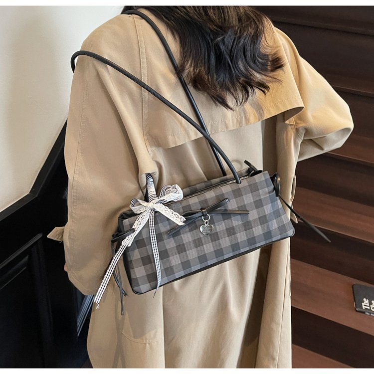 Dopamine Plaid Handbag Small Tote Bag for Women Summer2025New Ballet Style Bow Baguette Bag Underarm Bag Trendy