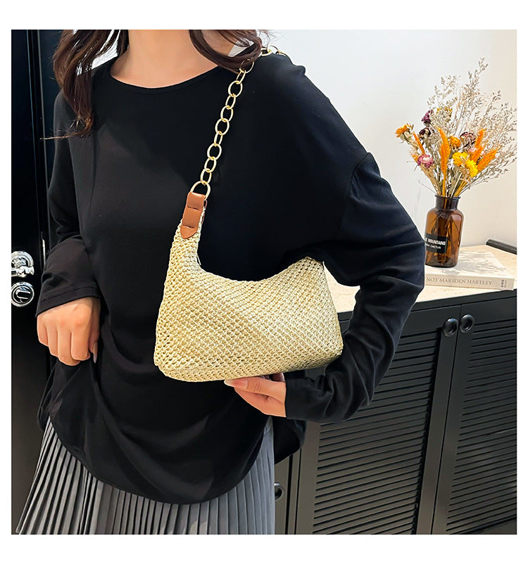 South Korea ins Vintage Woven Tote Bag Straw Bag Large Capacity Underarm Bag Shoulder Bag Vacation Style Beach Bag for Women