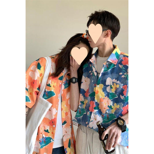 Summer Short Sleeve Floral Shirt for Men and Women Hawaiian Retro Hong Kong Style Loose Ice Silk Shirt Couple Outfit