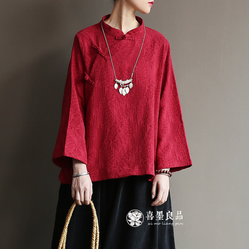 8813Xi Mo Women's Clothing Republic of China Retro Artistic Spring and Autumn New Double Layer Jacquard Button Shirt Chinese Style Short Top