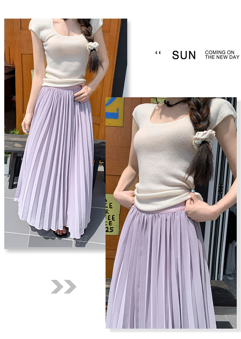 Thirteen Lines·Yunheyu Gentle Light Purple Pleated Long Skirt for Women Versatile Casual Vacation Style Draped Half Skirt