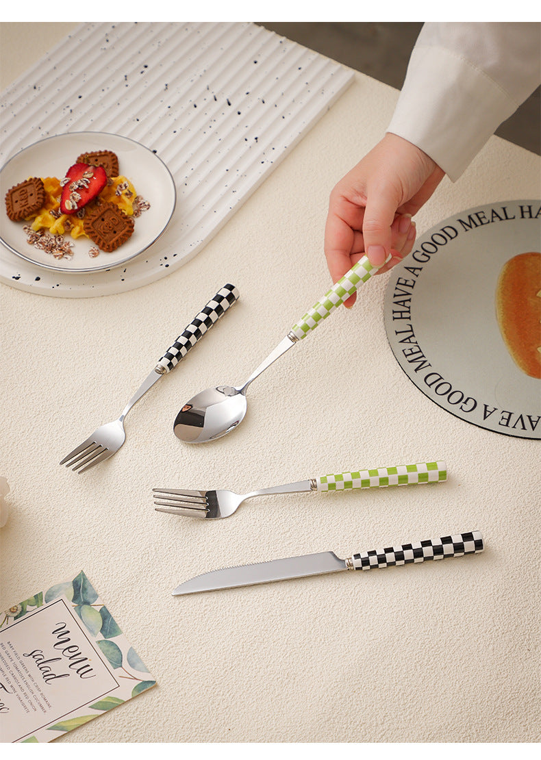 ins Checkerboard Pattern Western Steak Knife and Fork Ceramic Handle Stainless Steel Fork Spoon Dessert Cutlery Set Three-Piece Set