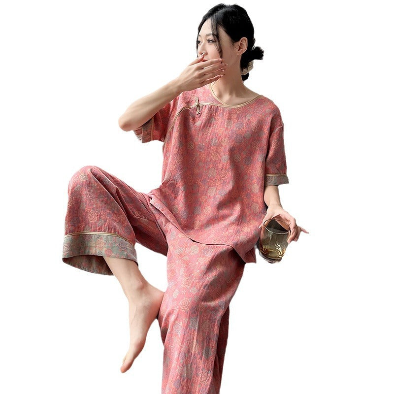 New Chinese Style Retro National Style Cotton Gauze Pajamas Plus Size for Women mm Summer Thin Loose Fit200Pure Cotton Homewear