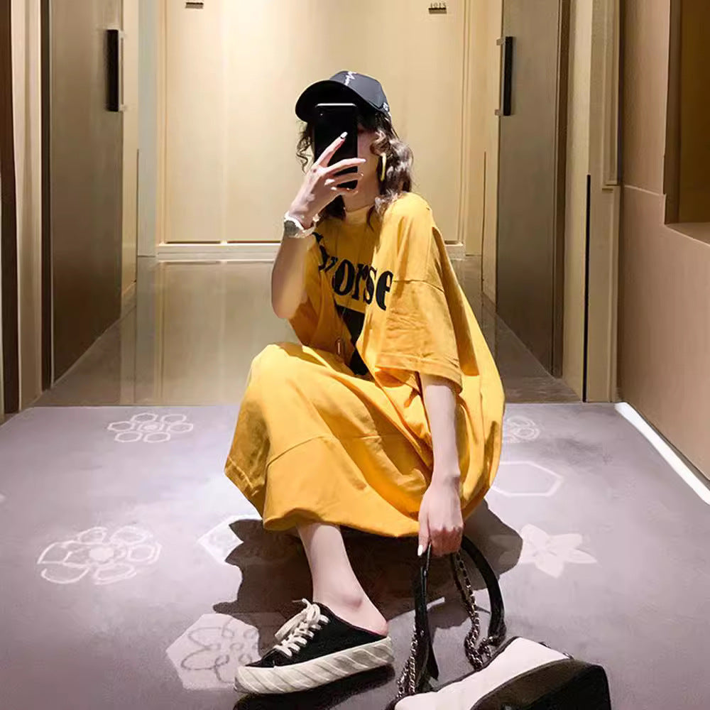 Summer Korea200Jin Fat mm Dress Women's Long Backless Loose Maxi Dress Plus Size Short Sleeve Maternity T T-shirt Skirt