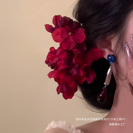 Traditional Handmade Wine Red Artificial Flowers New Chinese Style Bride Hair Accessories Morning Gown Hairpin Cheongsam Hair Flower Women Hair Ornament