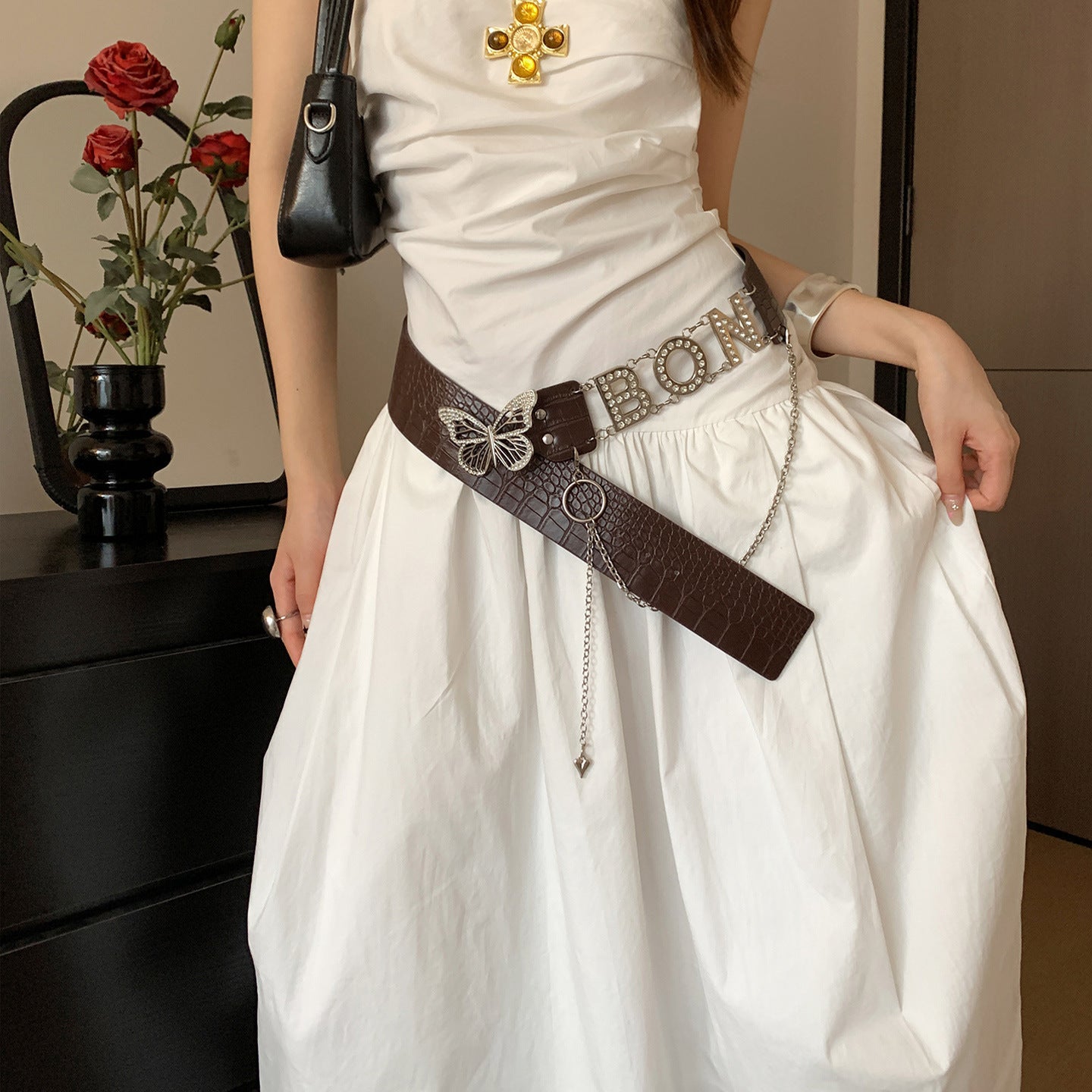 Vintage Western Style Brown Studded Belt for Women, Niche Design Flower Waist Rope for Dresses and Jeans, Waist Cincher Accessory
