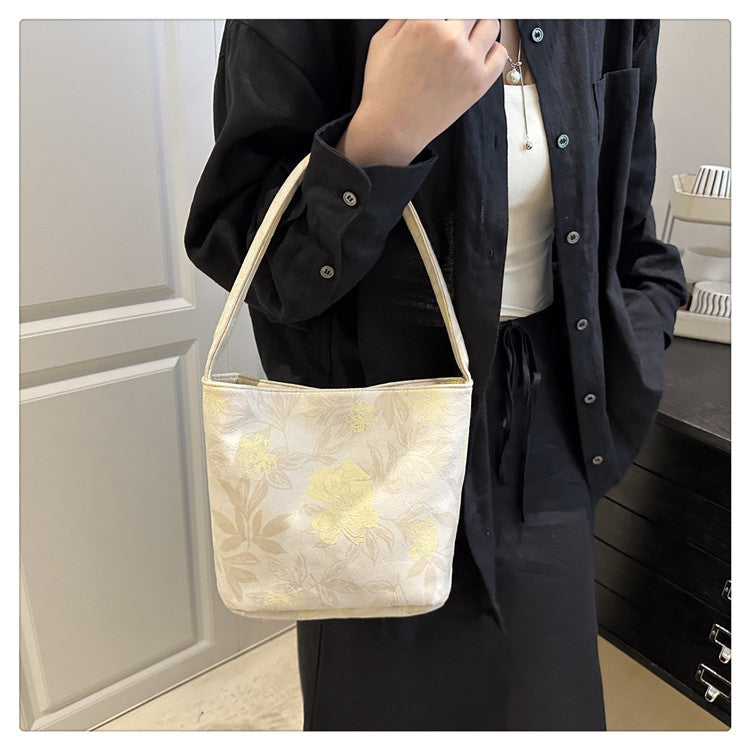 Lady's New Chinese Style Starlight Dream Tote Bag Black Shoulder Bag Embroidered Flower Vintage Handbag