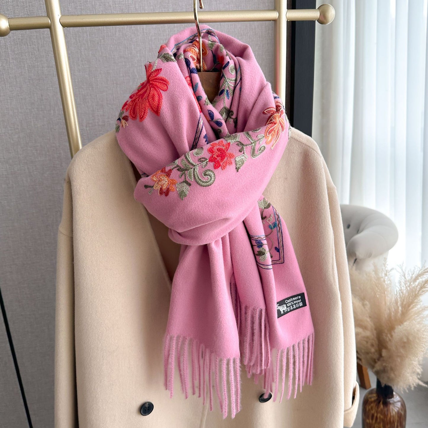 Bright Red Gold Thread Embroidered Scarf for Women Winter Versatile Wool Thickened Warm Cashmere Large Shawl for Women Dual-use Outerwear