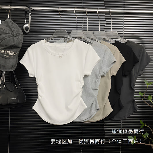 Summer round Neck V Collar Design Sense Ruched Waist Versatile Slimming Short Sleeve Regular Shoulder T T-shirt for Women Hot Girl Tight-fitting Not Wholesale