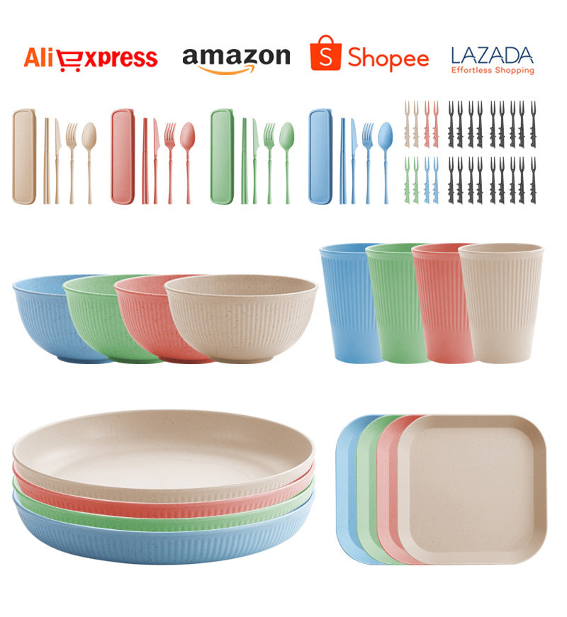 TEMU Amazon Wheat Straw Plate Bowl Cup Tableware Set Household Dining Plate Rice Bowl Water Cup Tableware Set Eco-friendly