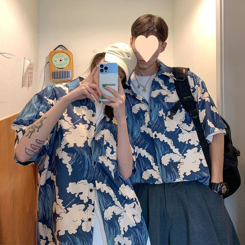 Summer Short Sleeve Floral Shirt for Men and Women Hawaiian Retro Hong Kong Style Loose Ice Silk Shirt Couple Outfit