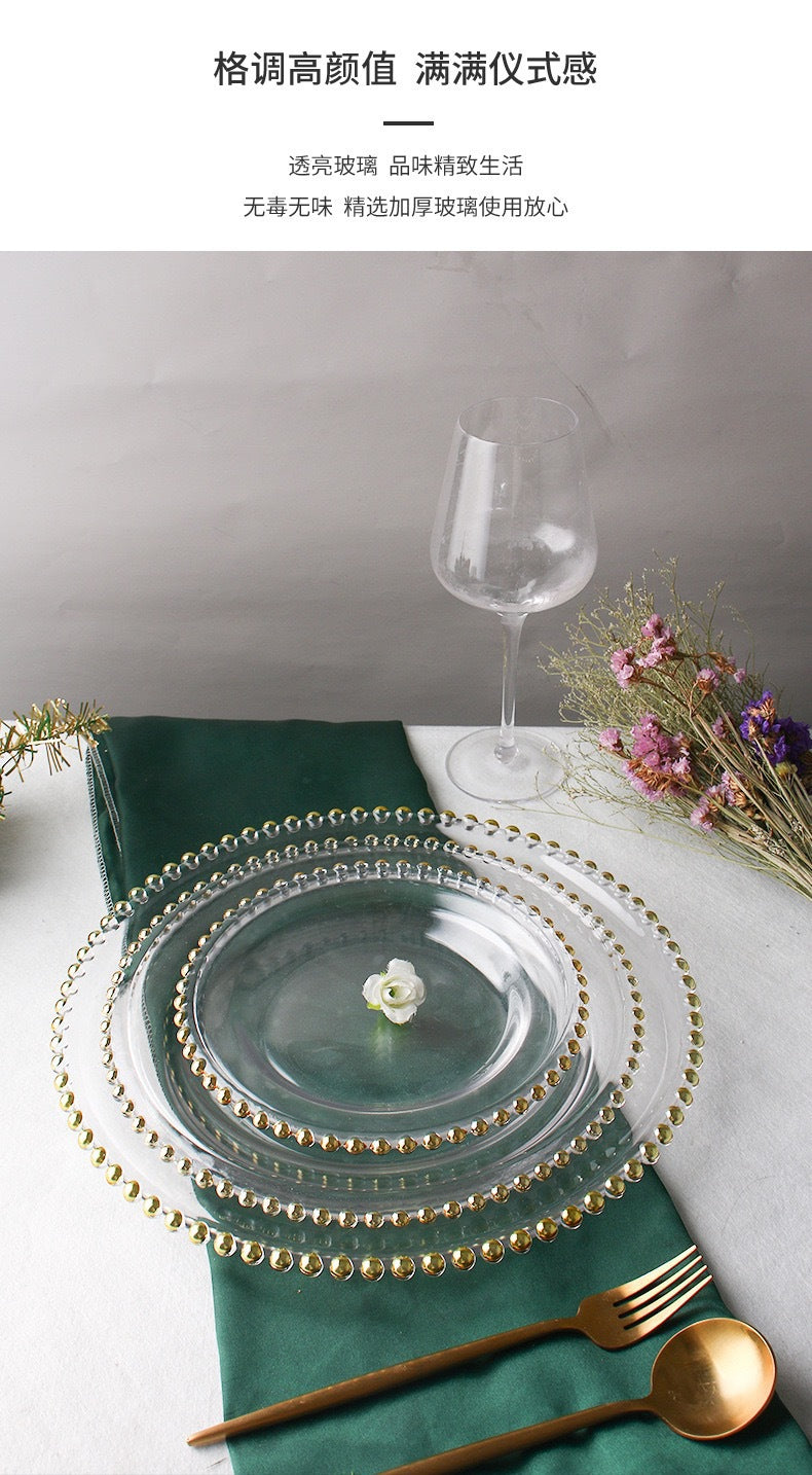 Nordic Gold-Plated Bead Plate Luxury Glass Electroplated Plate Round Pearl Western Steak Plate Silver Large Size Bead Plate