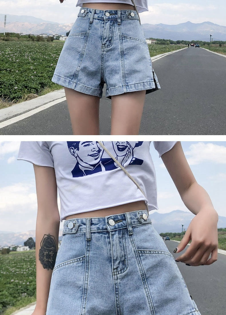 Side Zipper High Waist Denim Shorts Women Summer Loose Fit2025New Year's Slimming Letter Print Wide-Leg Hot Pants Trend