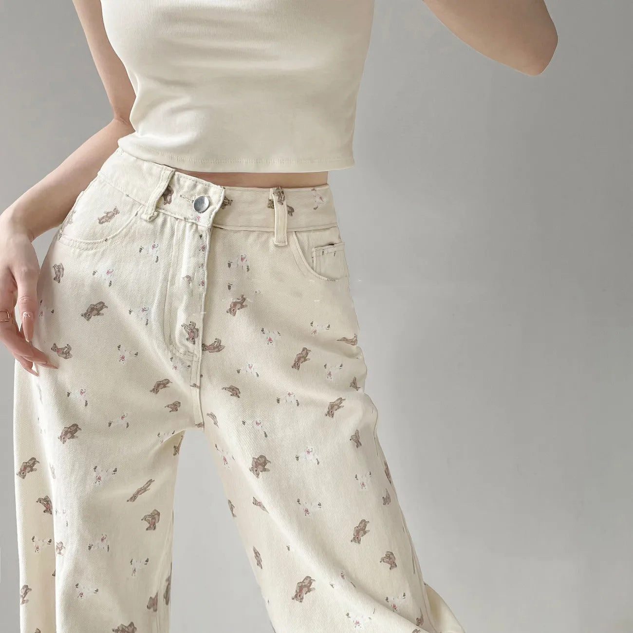 Yuejiaoer Original American Style Cartoon Bear Print Jeans for Women New Flared Loose Straight Wide-Leg Floor-Length Pants
