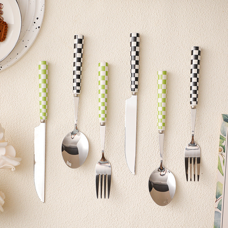 ins Checkerboard Pattern Western Steak Knife and Fork Ceramic Handle Stainless Steel Fork Spoon Dessert Cutlery Set Three-Piece Set