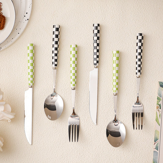 ins Checkerboard Pattern Western Steak Knife and Fork Ceramic Handle Stainless Steel Fork Spoon Dessert Cutlery Set Three-Piece Set
