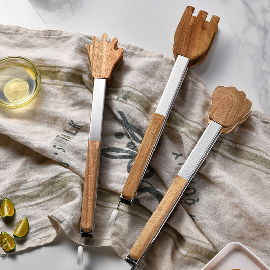 New Cross-Border Acacia Wood Food Clip Food Clip Cat Paw Palm Clip Stainless Steel BBQ Barbecue Tongs Steak Tongs