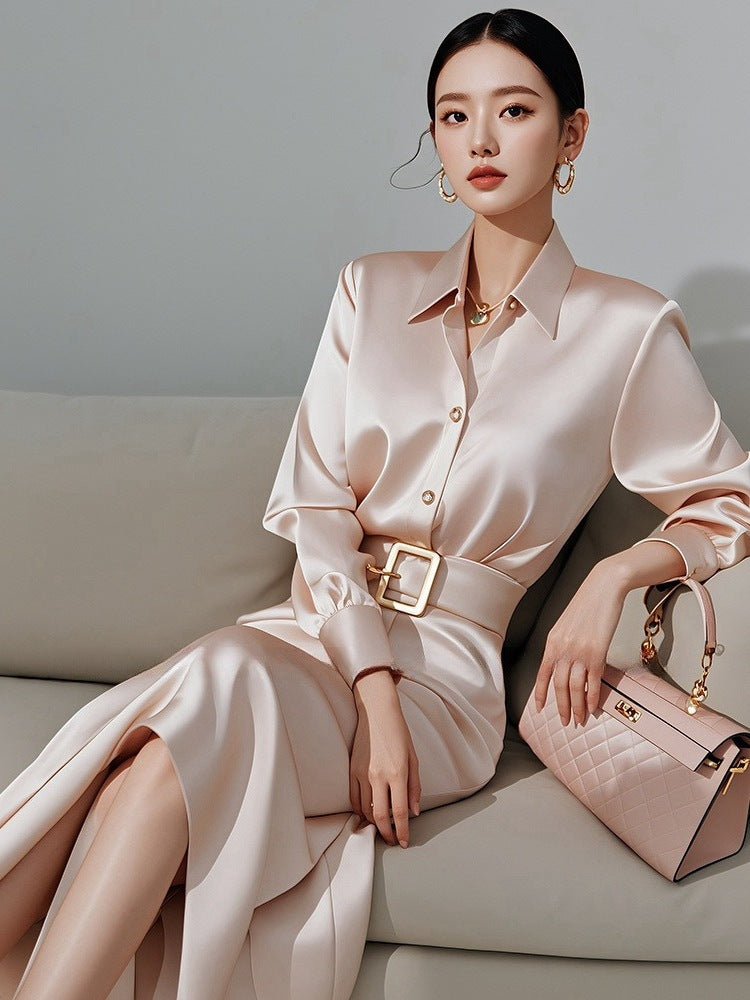 2025Spring French Style for Important Occasions Elegant and High-End Champagne Color Shirt Dress