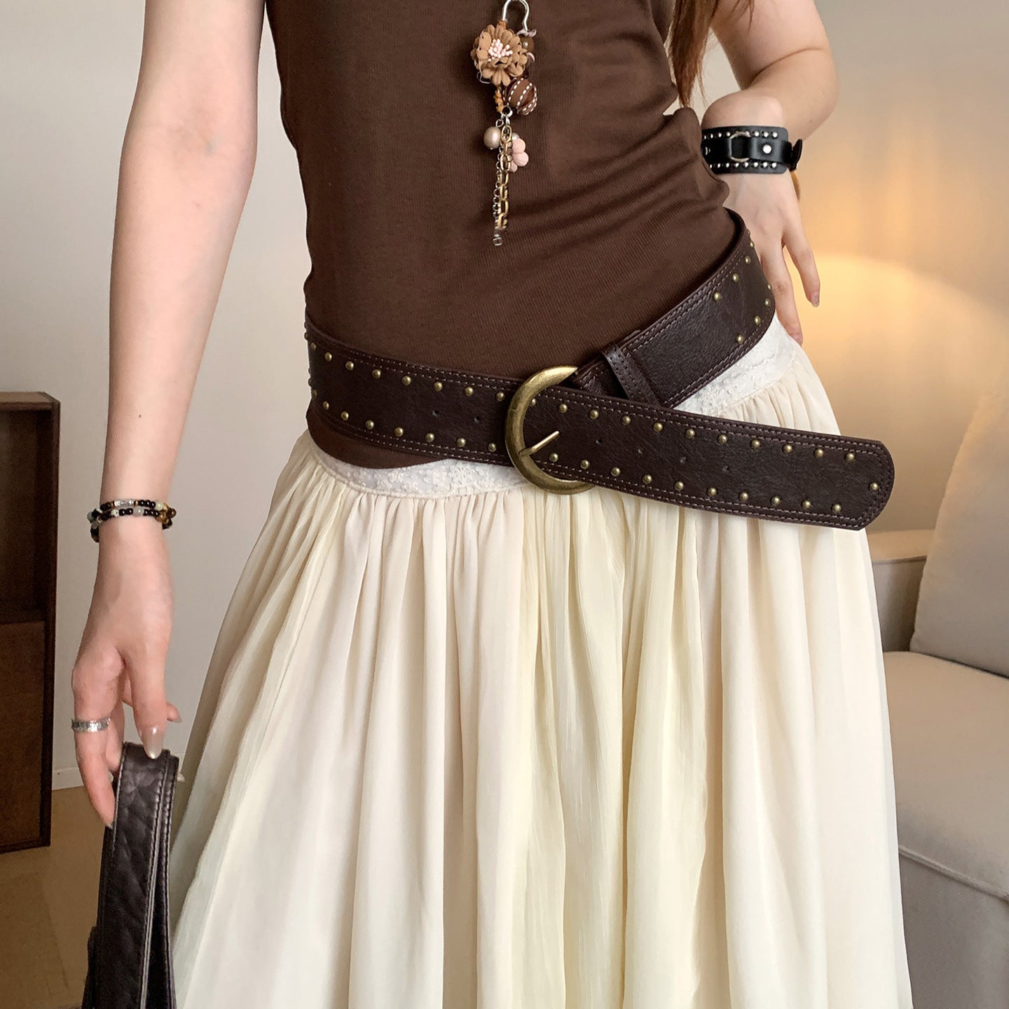 Vintage Western Style Brown Studded Belt for Women, Niche Design Flower Waist Rope for Dresses and Jeans, Waist Cincher Accessory