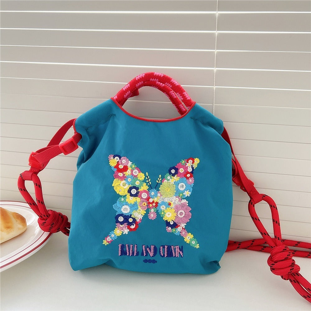 Japanese Style BallChain Same Style Eco-Friendly Embroidered Shopping Bag Nylon Fabric Floral Handheld Niche Fashion Shopping Bag