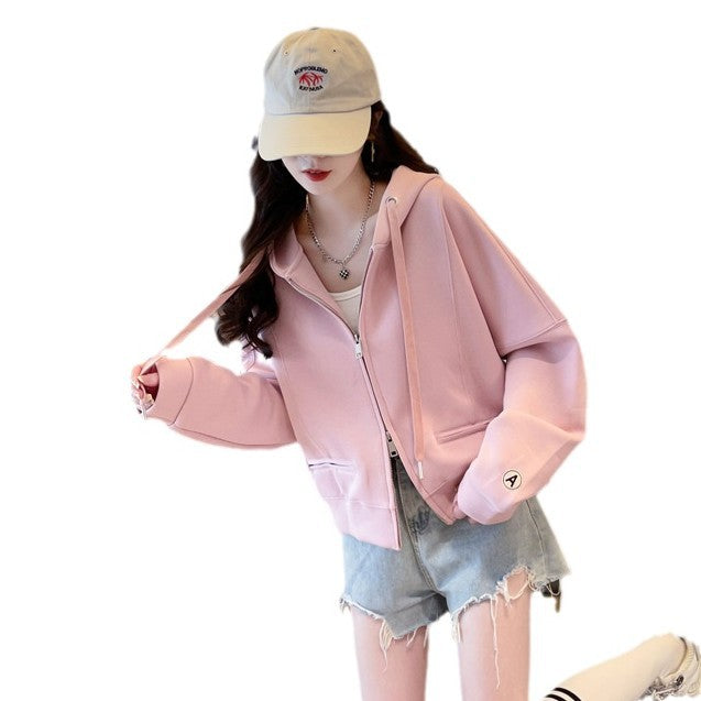 Spring and Autumn Short Hooded Sweatshirt Jacket for Petite Women, New Thin Loose Stylish Zipper Cardigan for Autumn and Winter