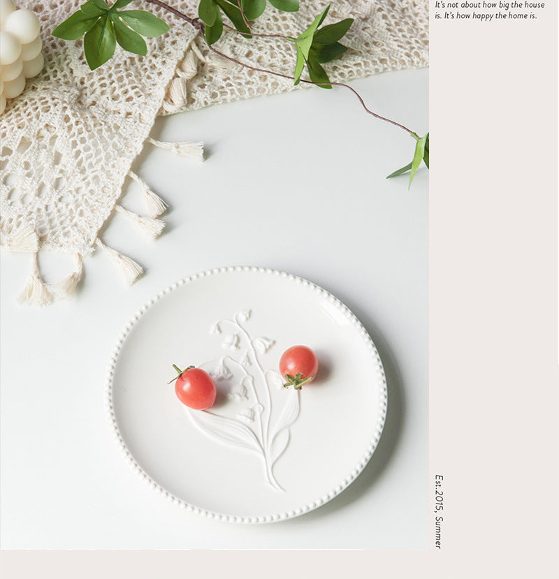 American Relief Lily of the Valley Series Lace Ceramic Western Pasta Plate Pastry Dessert Plate Deep Plate Household Dish Plate