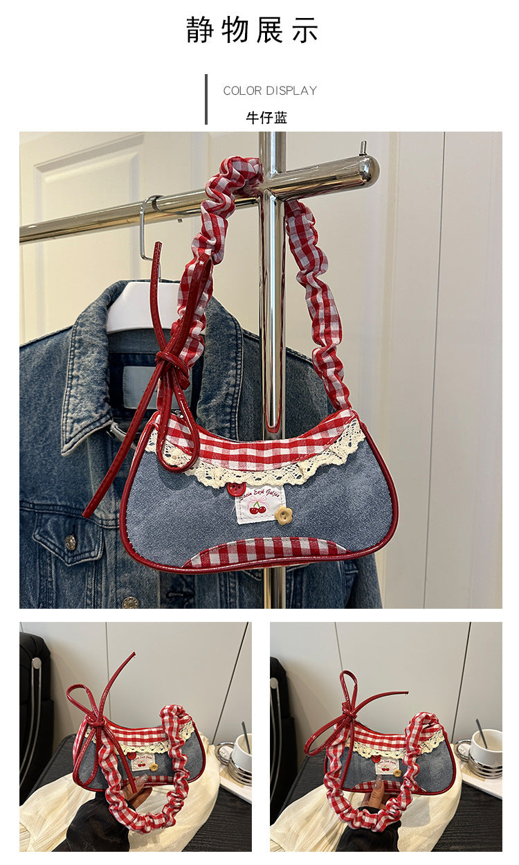 Super Popular Crossbody Bag for Women2025New Plaid Fabric Bag Wrinkled Color-Block Shoulder Bag Popular Commuter Small Square Bag