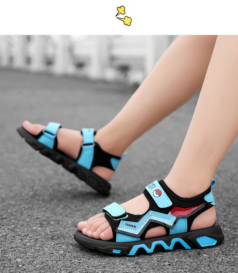 Boys' Fashion Sandals Summer New Children's Velcro Big Kids Student Sports Soft Sole Beach Shoes Non-Slip