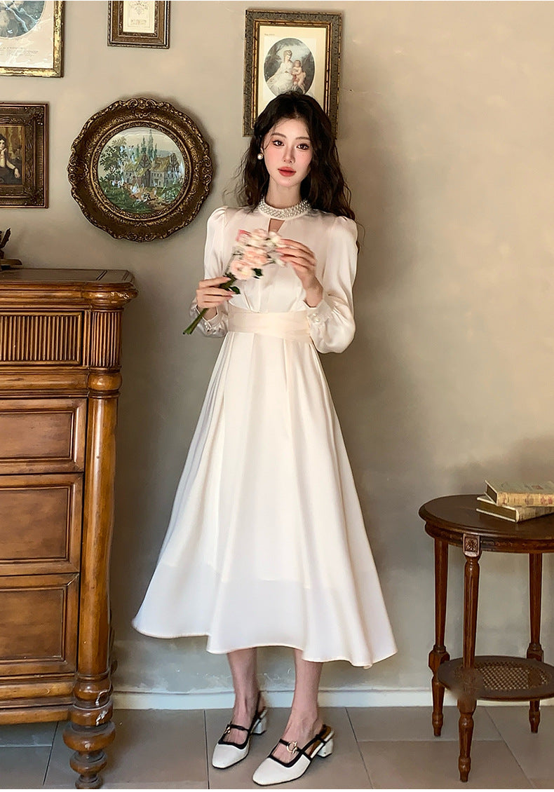 French A Line skirt2025Spring and Summer New Women's Long Sleeve Dress Waist Slimming Elegant Acetate Satin Long Dress