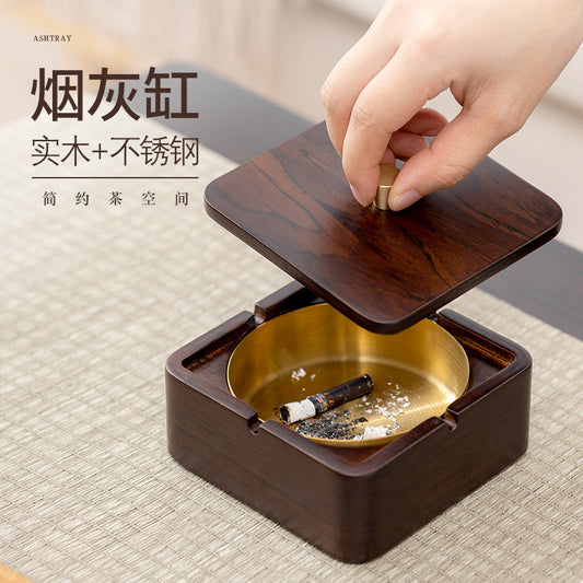 Walnut Ashtray for Home Living Room with Lid, Anti-Fly Ash, Stainless Steel Inner Liner, Creative Office Quality Ashtray