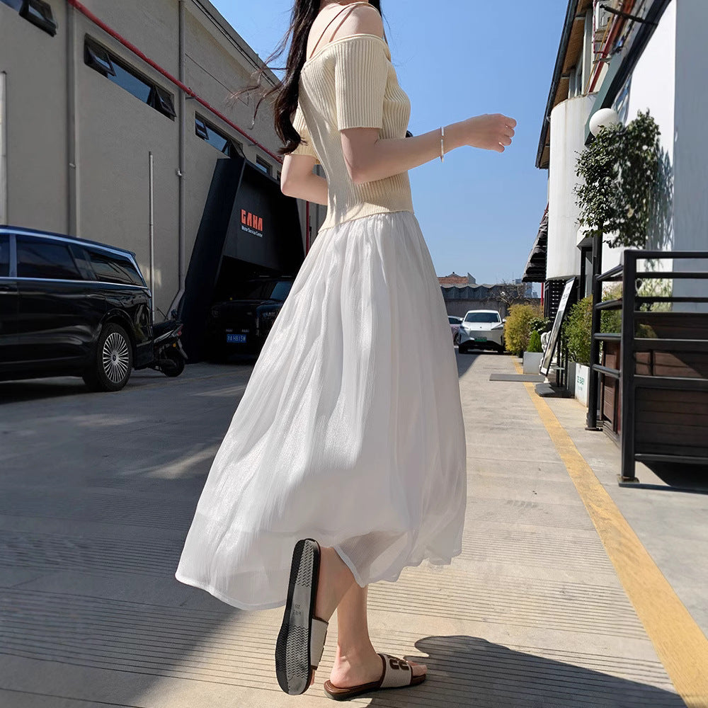 High-end Flowing Sheer Skirt for Women in Summer2025New Style Glassy Sheer Large Hem Mid-Length Draped a Women's pleated skirt