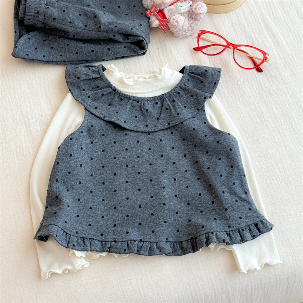 Sweet Little Girl Korean Style Set Autumn New Children's Back-to-School Stylish Lace Polka Dot Vest Wide-Leg Pants Three-Piece